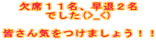 欠席１１名、早退２名 でした(>_<)  皆さん気をつけましょう！！